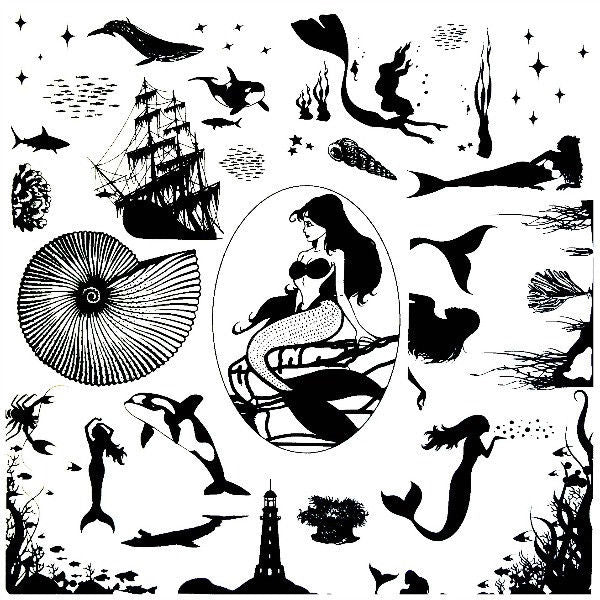 MERMAID & Friends Low Fire Black Glass Enamel Fusing Decals Whale Shells Crab-