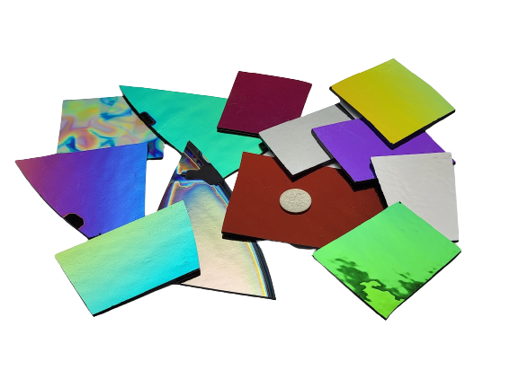 90 COE Dichroic Crinkle Scrap on BLACK Substrate 8 ounces Glass Fusing 90COE-