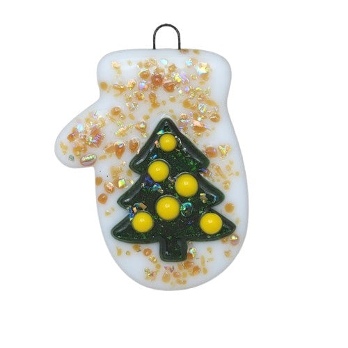 Mitten Dichroic Sparkly and Christmas Tree Handmade Fused Glass Ornament- 