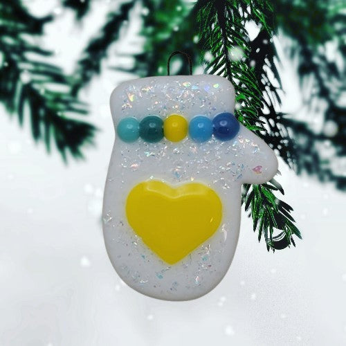 Mitten Sparkly Dichroic and Yellow Heart Handmade Fused Glass Ornament- 