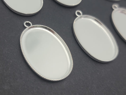 6 PCS BEZEL CUP Silver Plated Brass Solid Back 26x19x2mm OVAL for Glass Pendants- 
