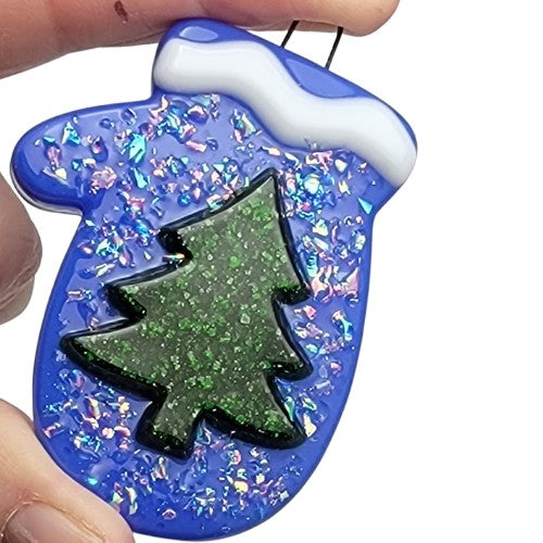 Whimsical Mitten With Dichroic Glass and Sparkly Christmas Tree Handmade Fused Glass Ornament- 