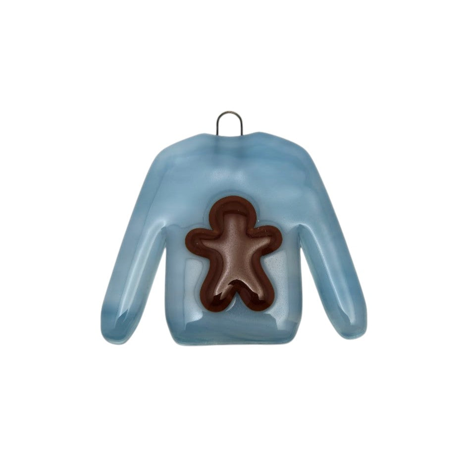 Holiday Sweater Handmade Fused Glass Ornament Blue Gingerbread Man- 