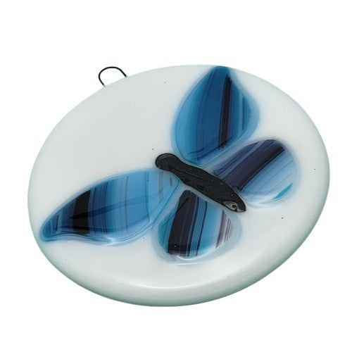 Butterfly Round White With Blues Handmade Fused Glass Ornament- 