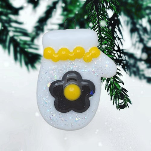 Mitten Dichroic Sparkles and Flower Christmas Tree Handmade Fused Glass Ornament- 