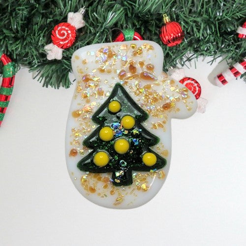 Mitten Dichroic Sparkly Christmas Tree Handmade Fused Glass Ornament- 