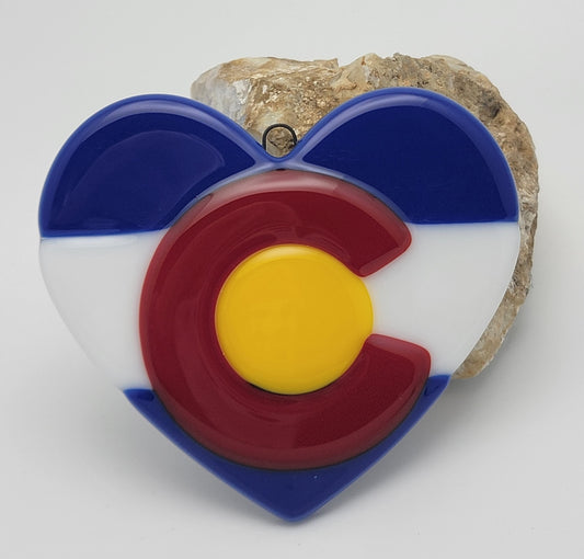 Colorado Flag Heart Christmas Ornament Handmade Fused Glass 2103- 