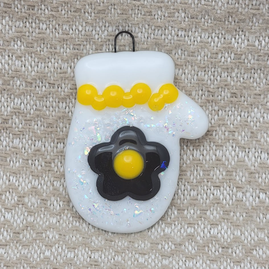 Mitten Dichroic Sparkles and Flower Christmas Tree Handmade Fused Glass Ornament- 