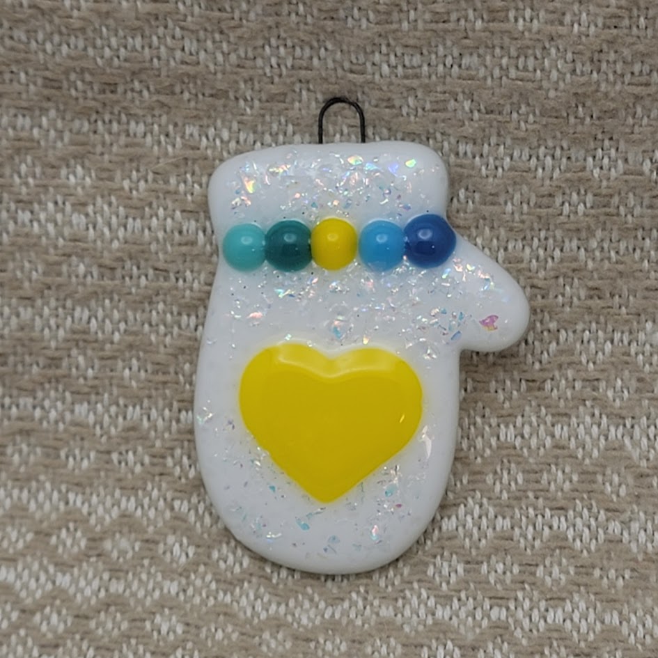 Mitten Sparkly Dichroic and Yellow Heart Handmade Fused Glass Ornament- 