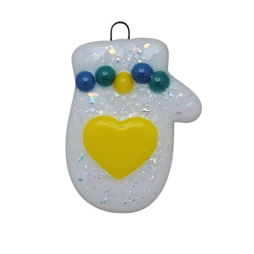 Mitten Dichroic Glass and Yellow Heart Handmade Fused Glass Ornament- 