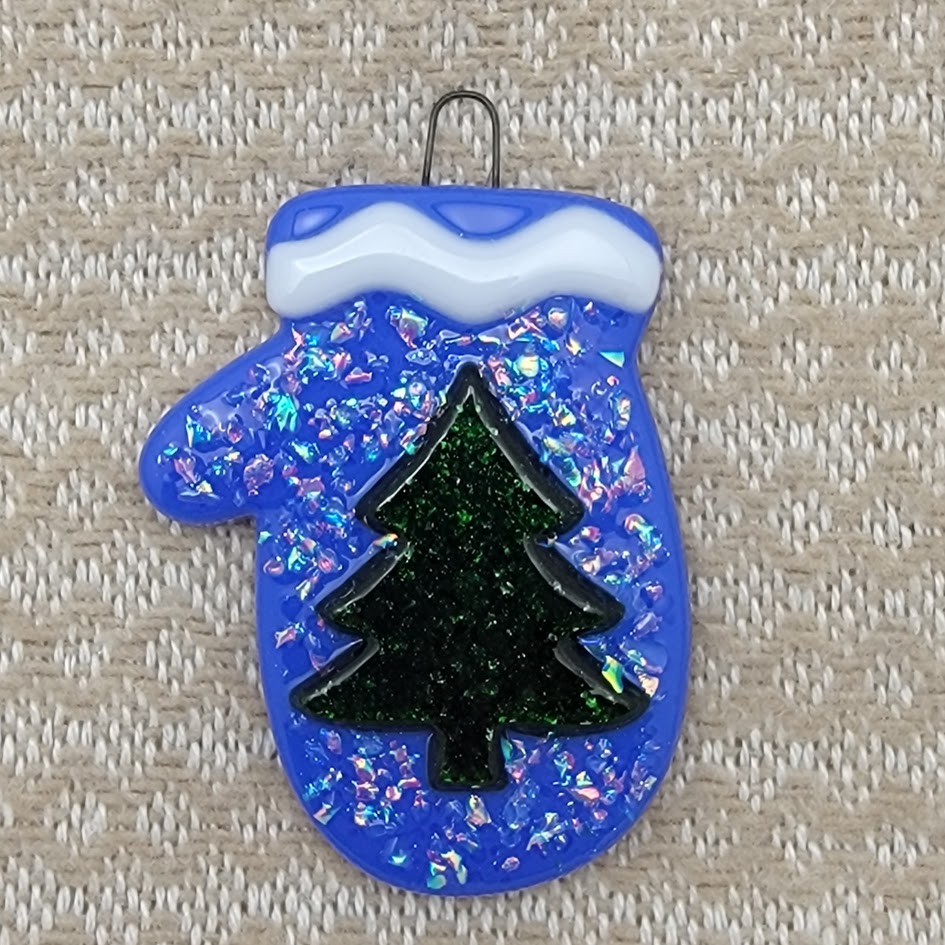 Whimsical Mitten With Dichroic Glass and Sparkly Christmas Tree Handmade Fused Glass Ornament- 