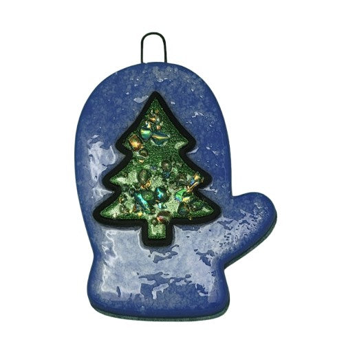 Whimsical Blue Mitten with Christmas Tree Handmade Fused Glass Ornament- 