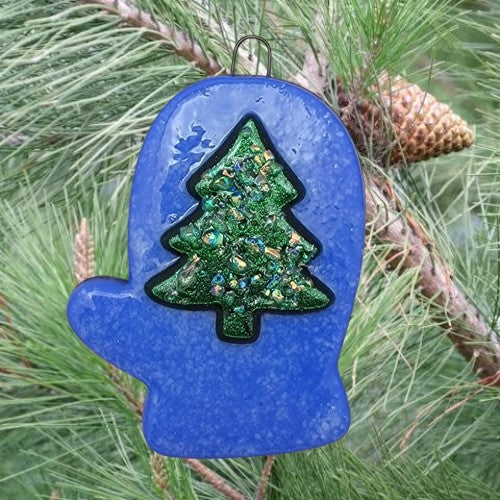 Whimsical Blue Mitten with Christmas Tree Handmade Fused Glass Ornament- 