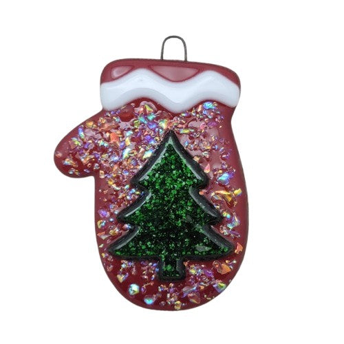 Whimsical Mitten With Dichroic Glass and Sparkly Christmas Tree Handmade Fused Glass Ornament- 