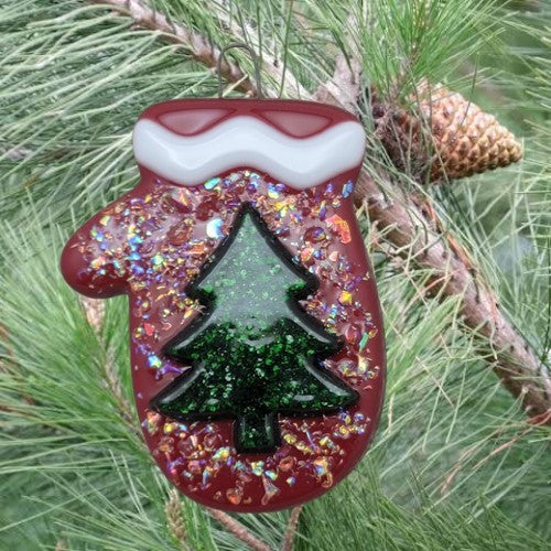 Whimsical Mitten With Dichroic Glass and Sparkly Christmas Tree Handmade Fused Glass Ornament- 