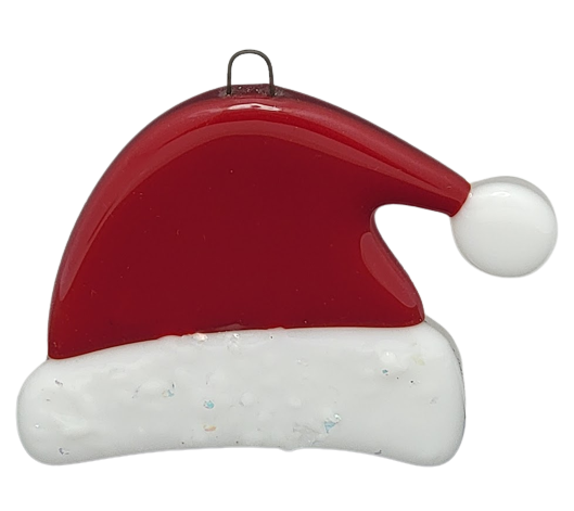 Adorable Winter Santa's Hat Handmade Fused Glass Ornament- 