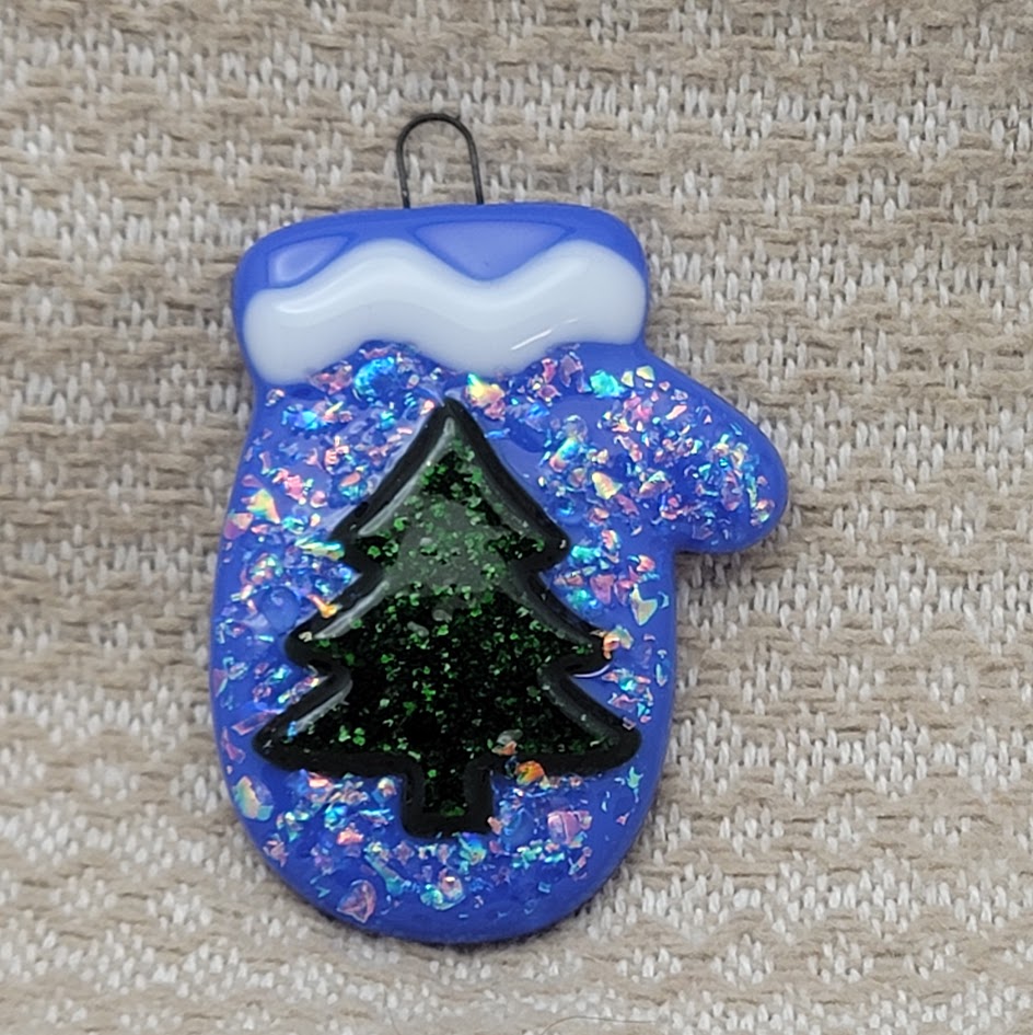 Whimsical Mitten With Dichroic Glass and Sparkly Christmas Tree Handmade Fused Glass Ornament- 