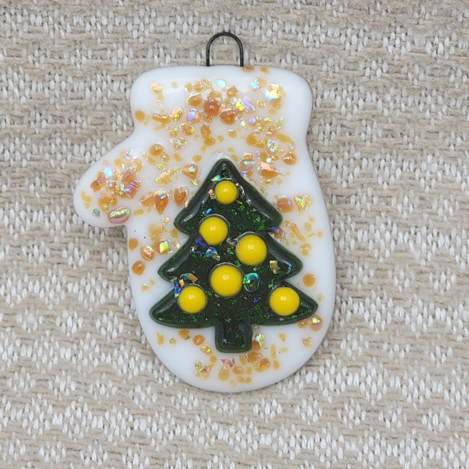 Mitten Dichroic Sparkly and Christmas Tree Handmade Fused Glass Ornament- 