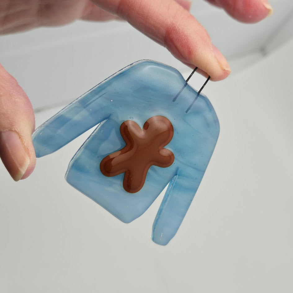 Holiday Sweater Handmade Fused Glass Ornament Blue Gingerbread Man- 