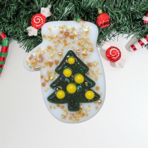 Mitten Dichroic Sparkly and Christmas Tree Handmade Fused Glass Ornament- 