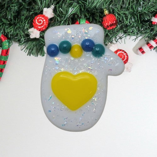 Mitten Dichroic Glass and Yellow Heart Handmade Fused Glass Ornament- 