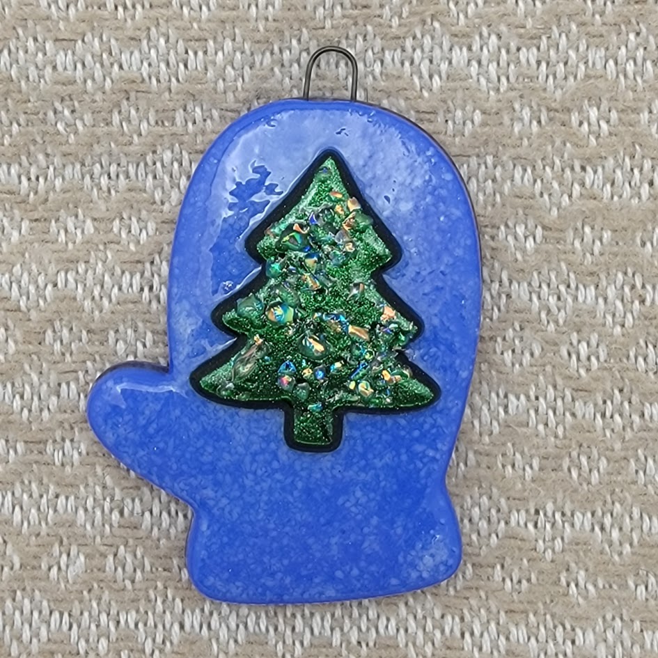 Whimsical Blue Mitten with Christmas Tree Handmade Fused Glass Ornament- 