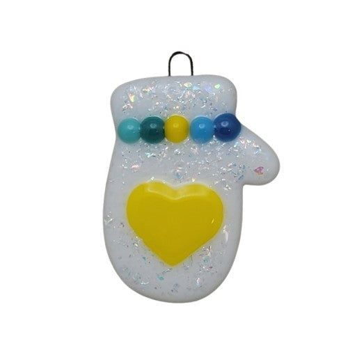 Mitten Sparkly Dichroic and Yellow Heart Handmade Fused Glass Ornament- 