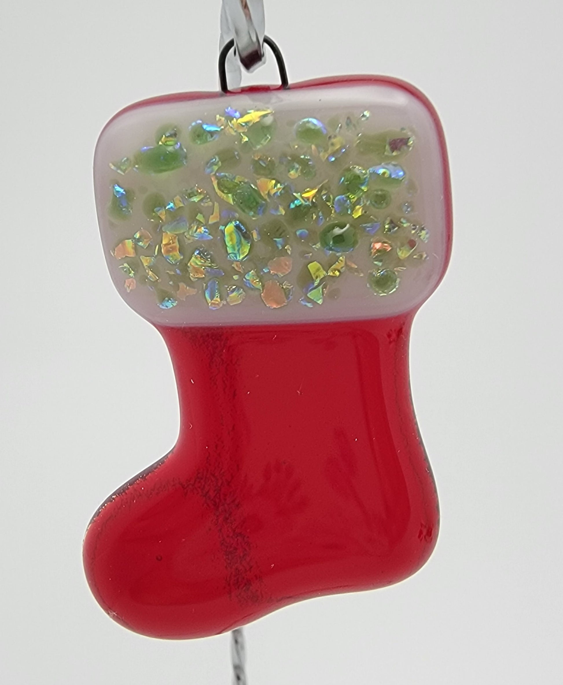 Adorable CHRISTMAS STOCKING Handmade Fused Glass Ornaments Choice of Accent Color 2104- 