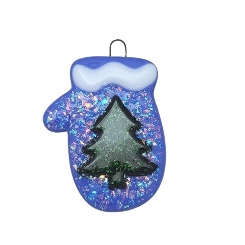 Whimsical Mitten With Dichroic Glass and Sparkly Christmas Tree Handmade Fused Glass Ornament- 