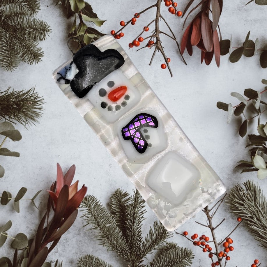 Snowman Handmade Fused Glass Christmas Tree Ornament- 