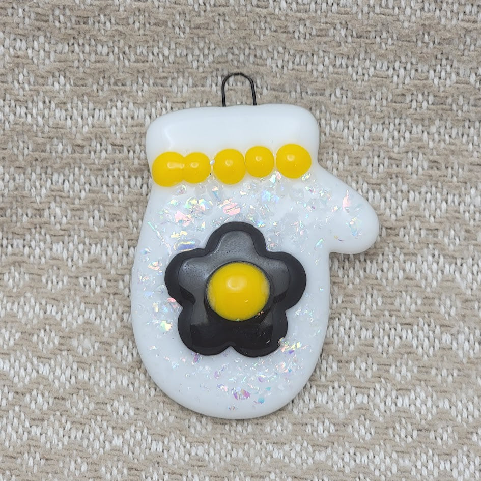 Mitten Dichroic Sparkles and Flower Christmas Tree Handmade Fused Glass Ornament- 