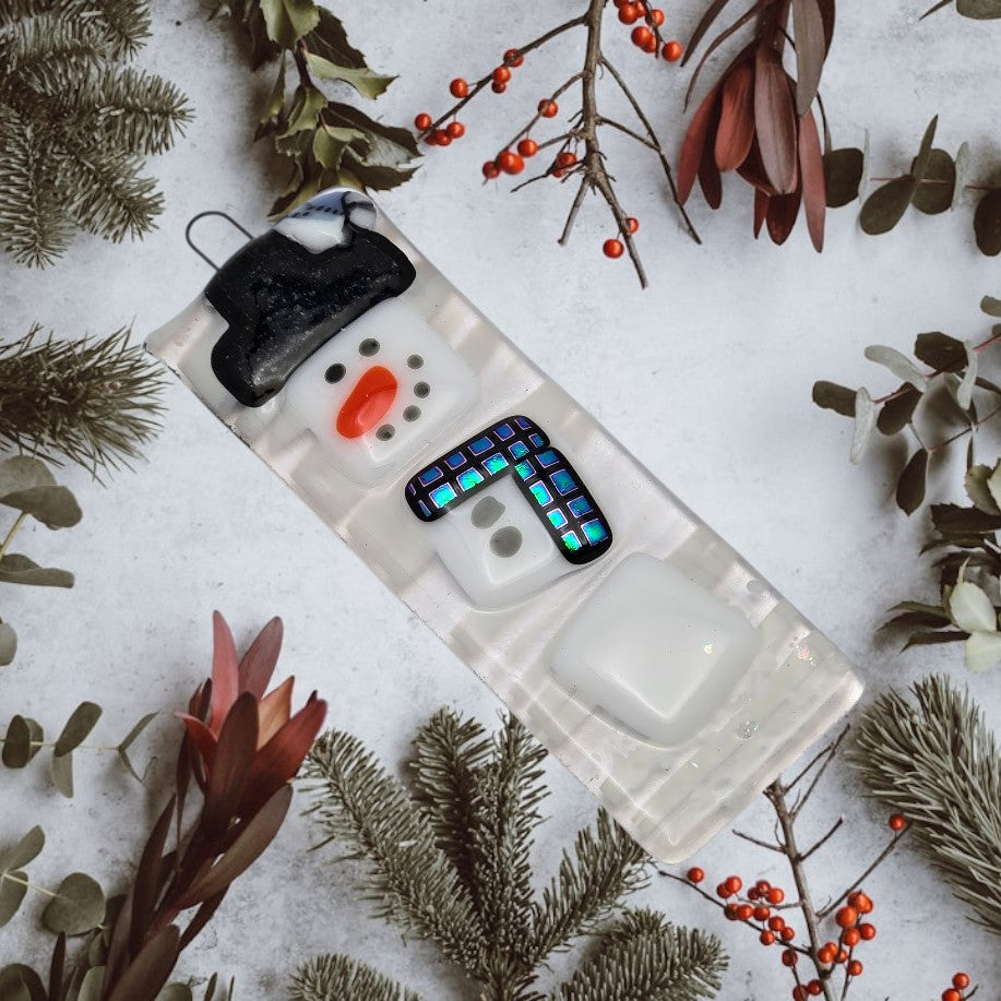 Snowman Handmade Fused Glass Christmas Tree Ornament- 