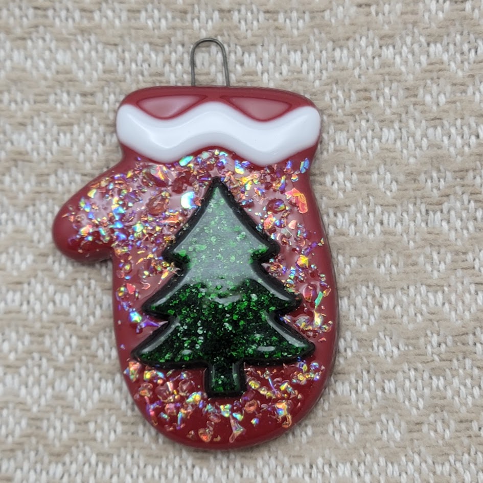 Whimsical Mitten With Dichroic Glass and Sparkly Christmas Tree Handmade Fused Glass Ornament- 