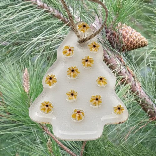 Clear Christmas Tree with Flower Murinni Balls Handmade Fused Glass Ornament- 