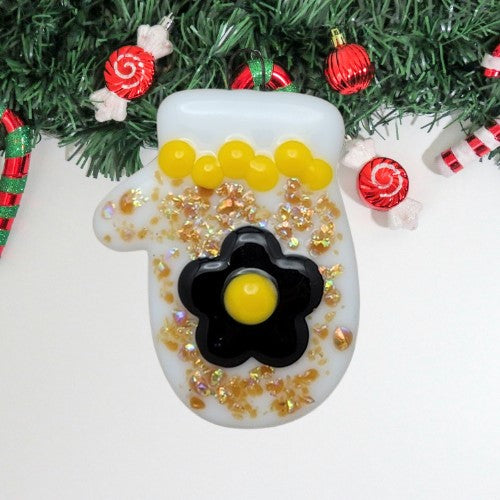 Mitten Sparkly Dichroic and Flower Christmas Tree Handmade Fused Glass Ornament- 