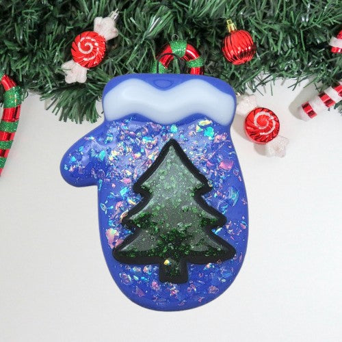 Mitten Dichroic Glass and Sparkly Christmas Tree Handmade Fused Glass Ornament- 