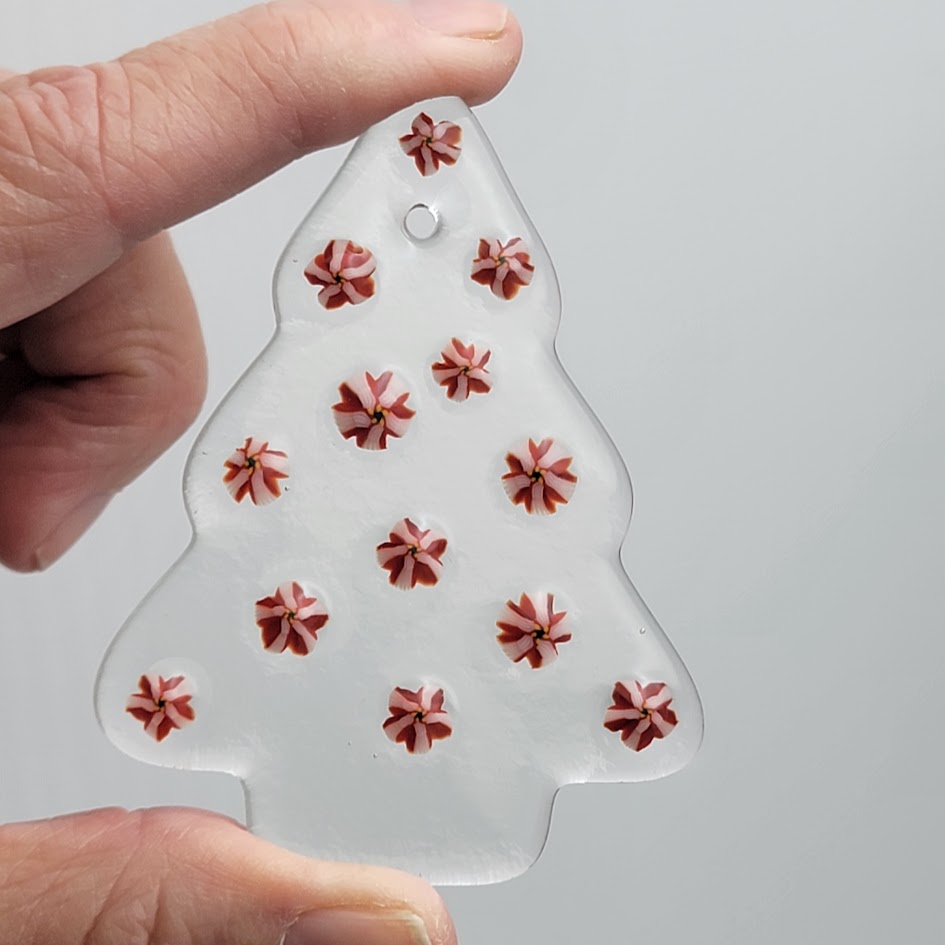 Clear Christmas Tree with Flower Murinni Balls Handmade Fused Glass Ornament- 