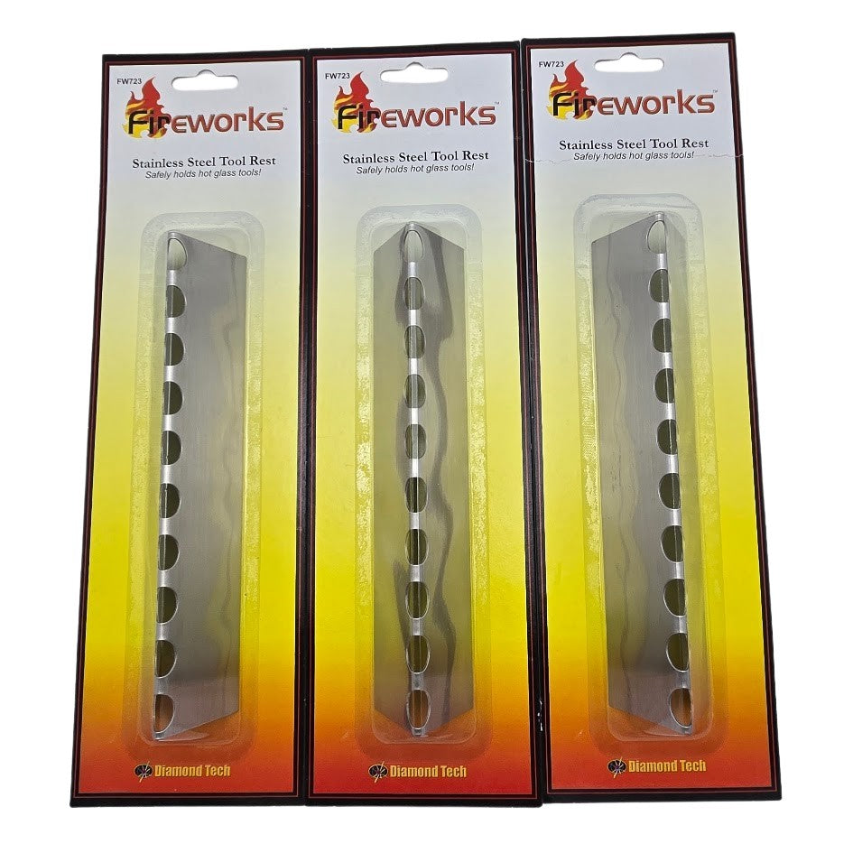 THREE Fireworks STAINLESS STEEL TOOL & GLASS ROD REST 10 Slot 7-1/2" Lampworking- 