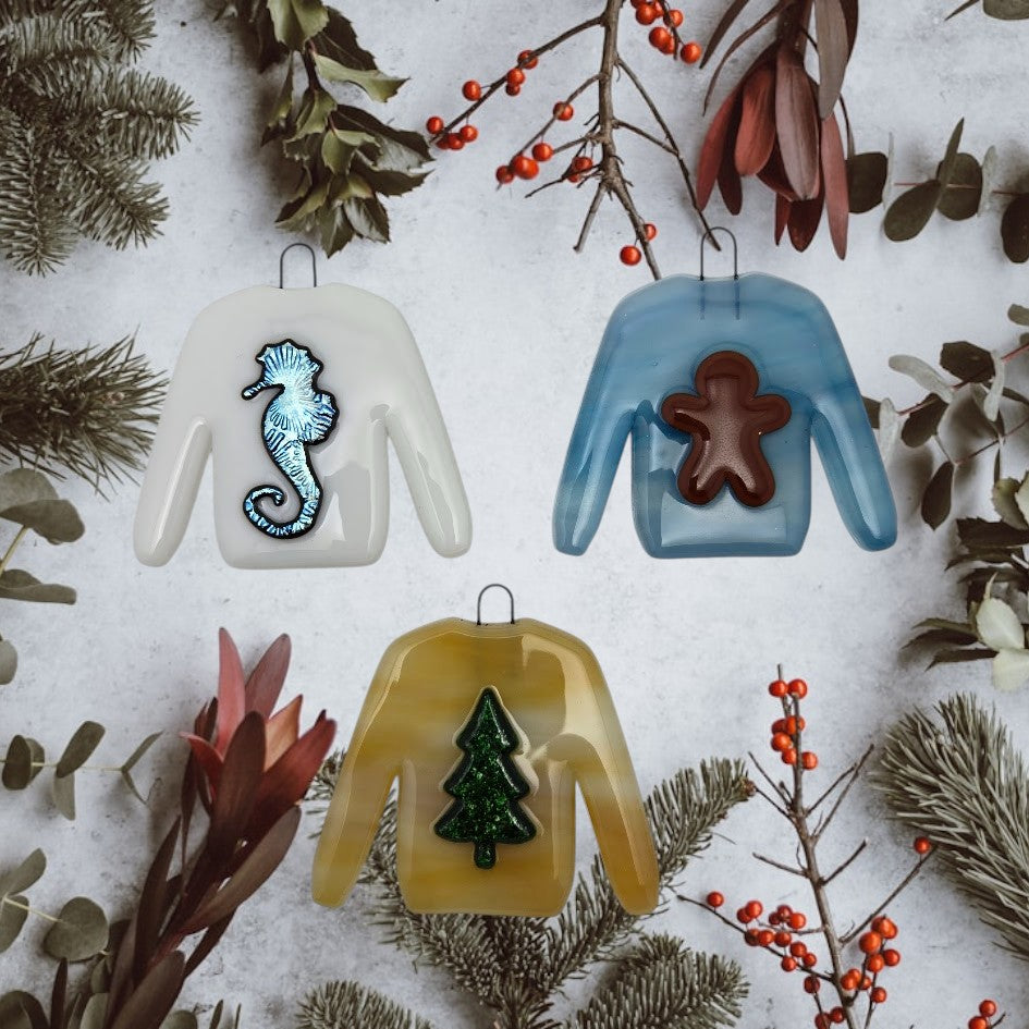 Three WHITE 90 COE Fusible Sweater Precut Glass 2 6/8 x 2 1/8 in Ornament Christmas Ugly- 