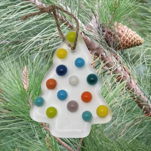 Clear Christmas Tree with Multi-Colored Balls Handmade Fused Glass Ornament- 