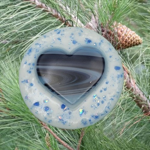 Peppermint Blue Swirl Heart Handmade Fused Glass Ornament- 