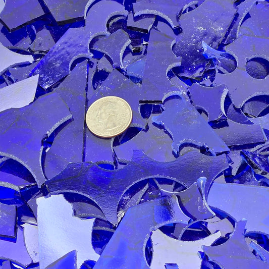 132 136 Medium & Dark Blue Transparent 96 COE Scrap Glass 8 ounce Package 96COE Sheet