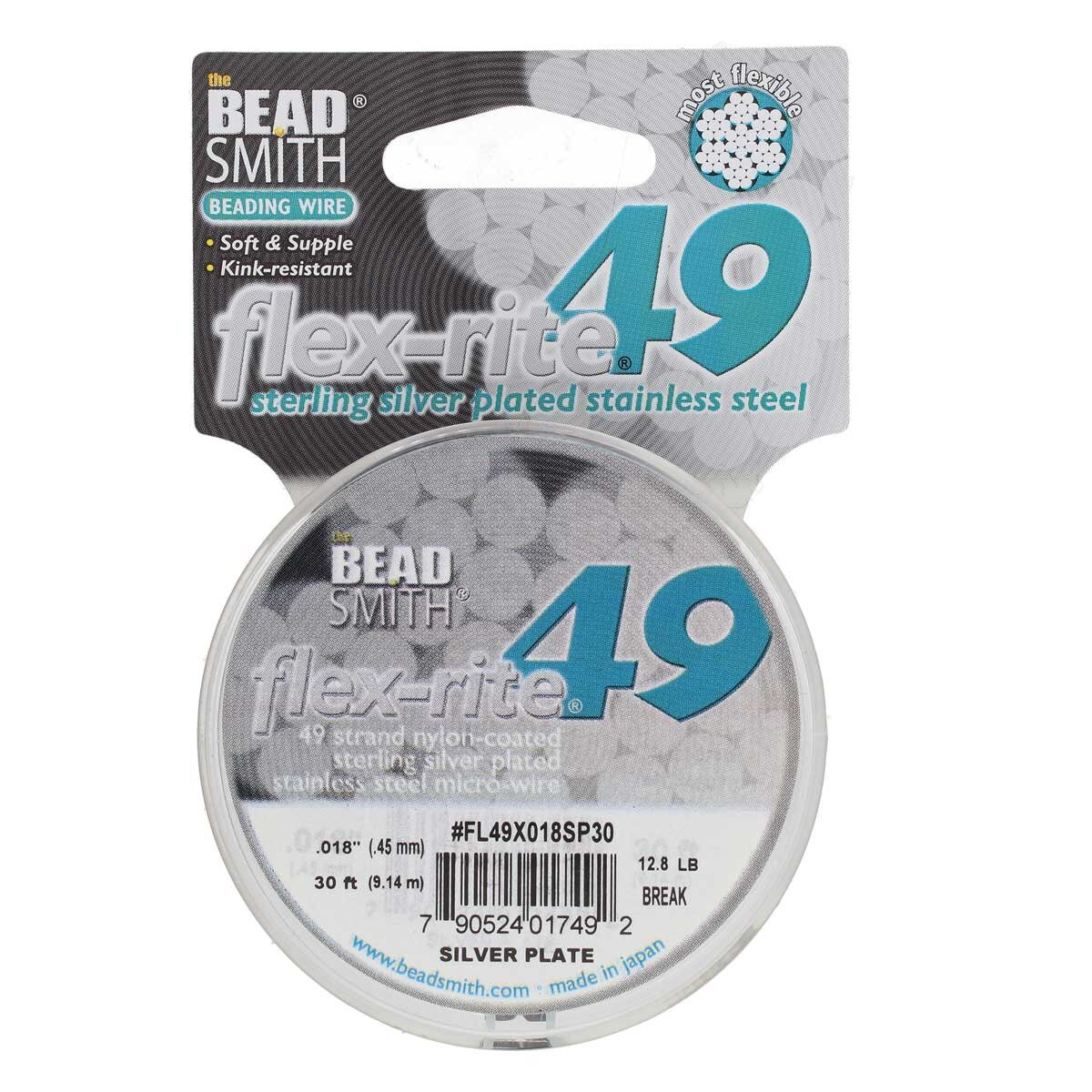 STERLING SILVER PLATE  .018" 49 Strand 30 feet BEADSMITH FLEX-RITE Beading Wire- 
