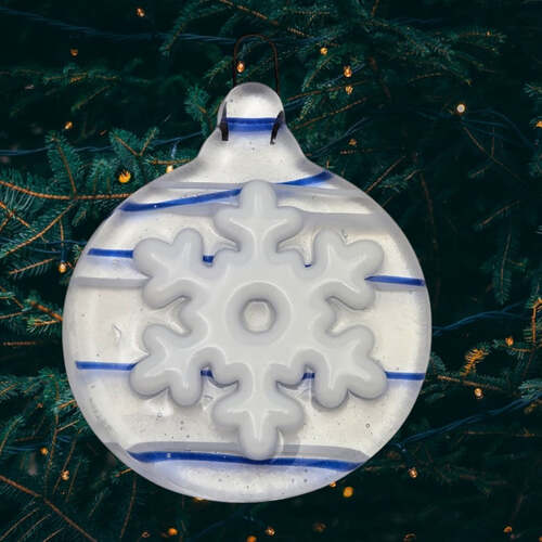 Holiday Snowflake Handmade Fused Glass Ornament CLEAR with Blue & White Streamers- 