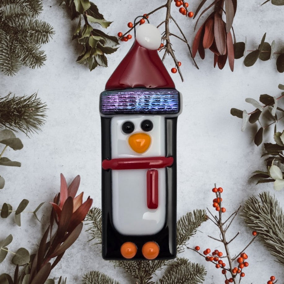 Penguin Handmade Fused Glass Ornament with Dichroic Glass- 