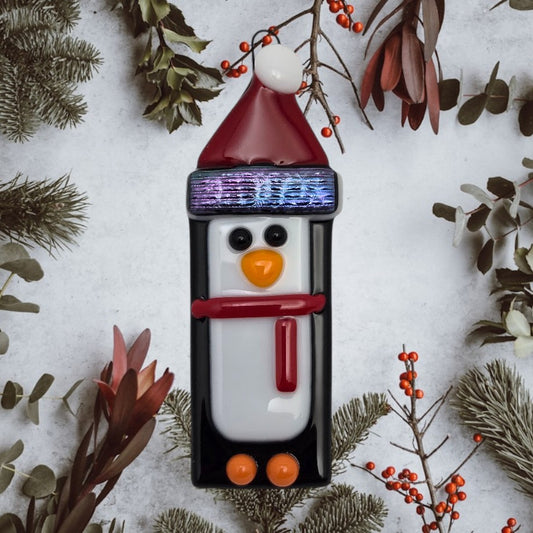 Penguin Handmade Fused Glass Ornament with Dichroic Glass- 