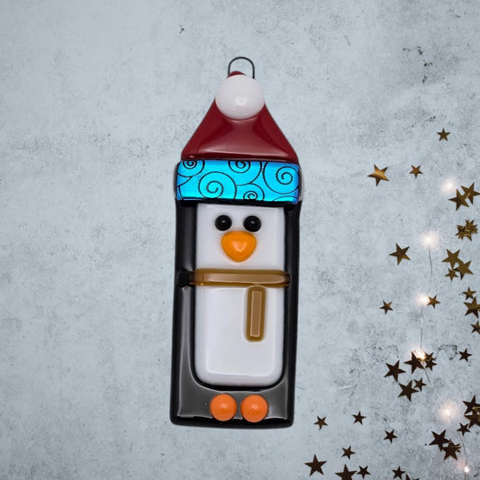 Penguin Handmade Fused Glass Ornament with Dichroic Glass- 