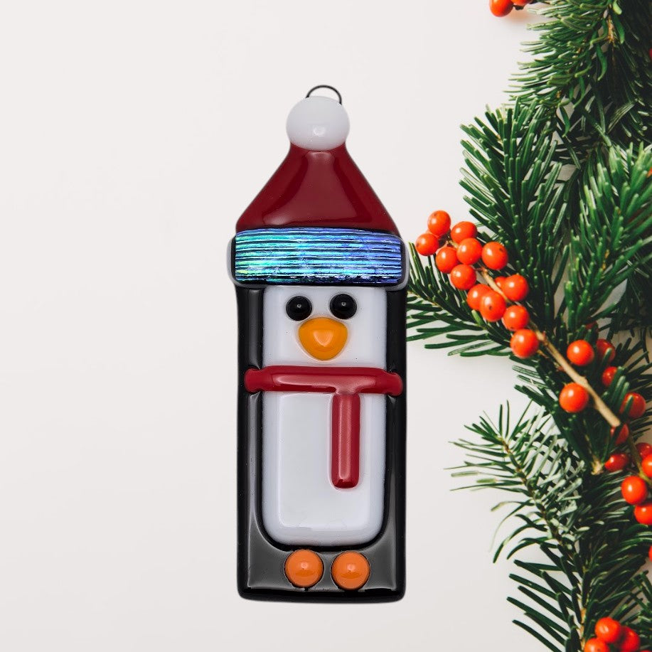 Penguin Handmade Fused Glass Ornament with Dichroic Glass- 
