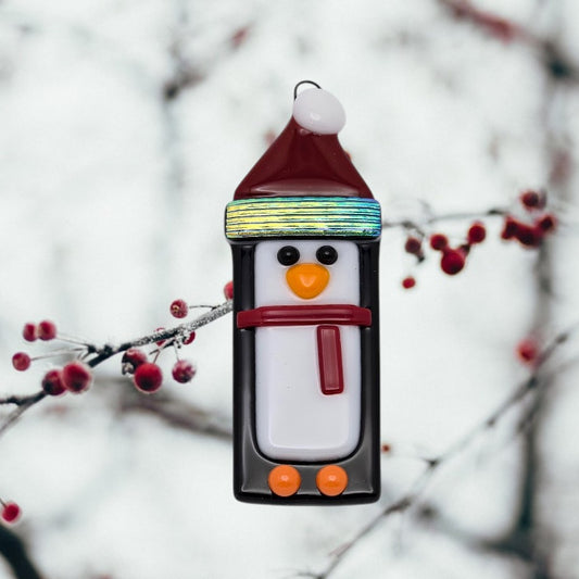 Penguin Handmade Fused Glass Ornament with Dichroic Glass- 