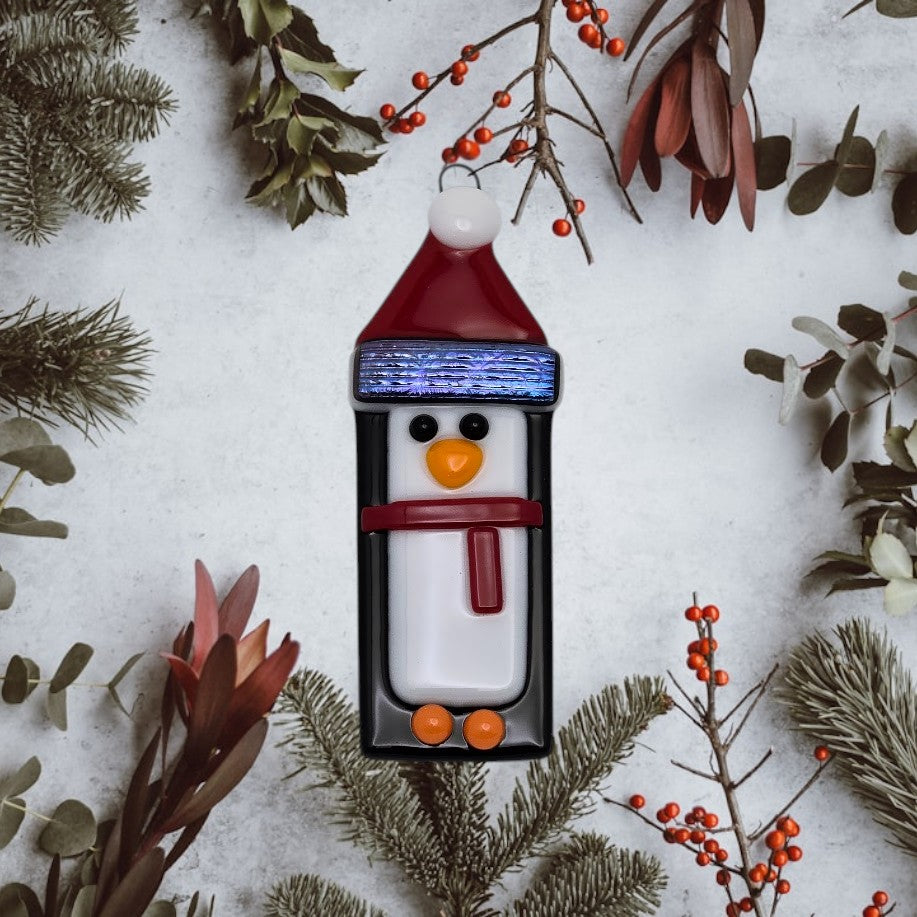 Penguin Handmade Fused Glass Ornament with Dichroic Glass- 